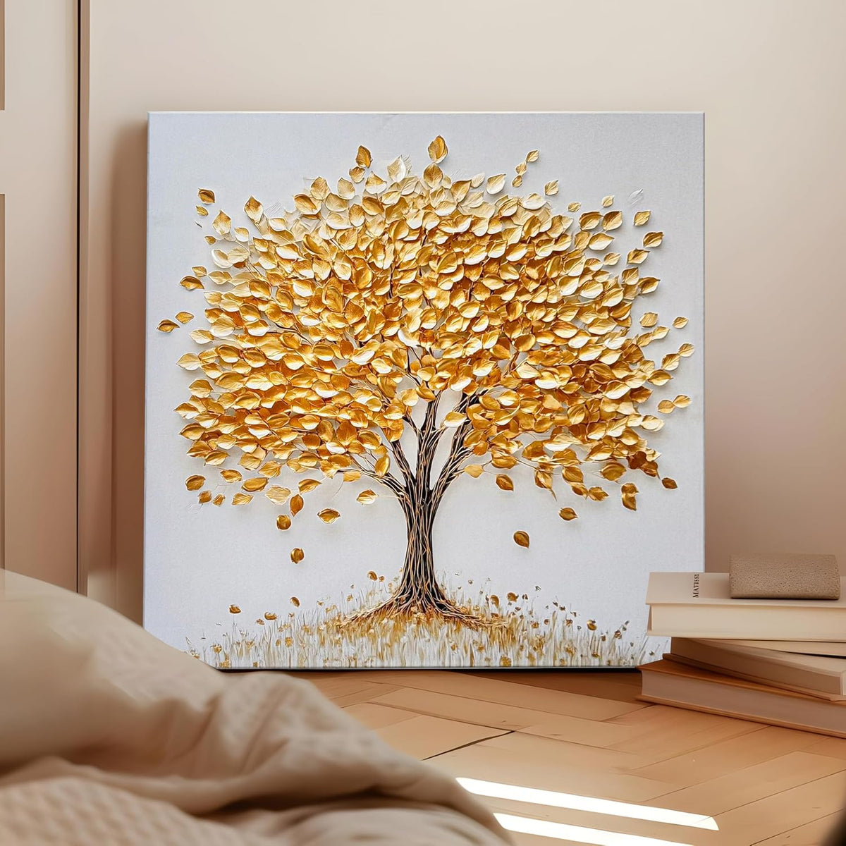 Stretched Canvas 3D Golden Tree Painting Textured Stretched Canvas Wall Art, Tree of Life Gallery Wrap Abstract Nature Artwork with Hand-Painted, Gold Tone 3D Giclée Print 61x61 cm
