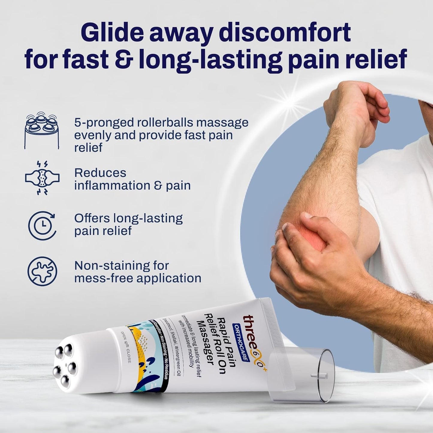 three60+ RAPID PAIN RELIEF Roll On Massager|Immediate & Long-Lasting Pain Relief|Erandmool,Shallaki,Wintergreen Oil,Nirgundi|Fast Absorption|Targeted,Hands-Free Massage Application