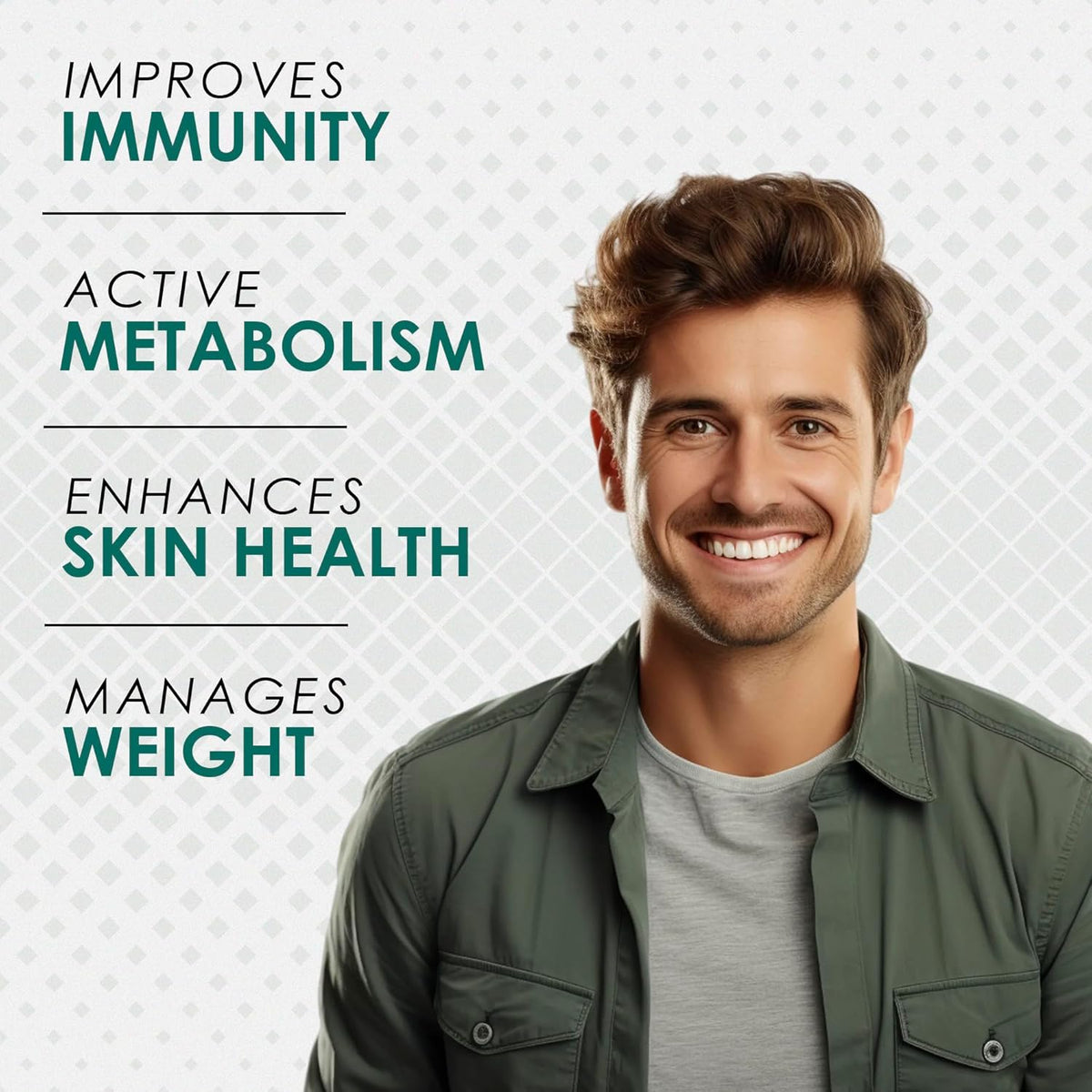 Man smiling with health benefits listed on a light gray background