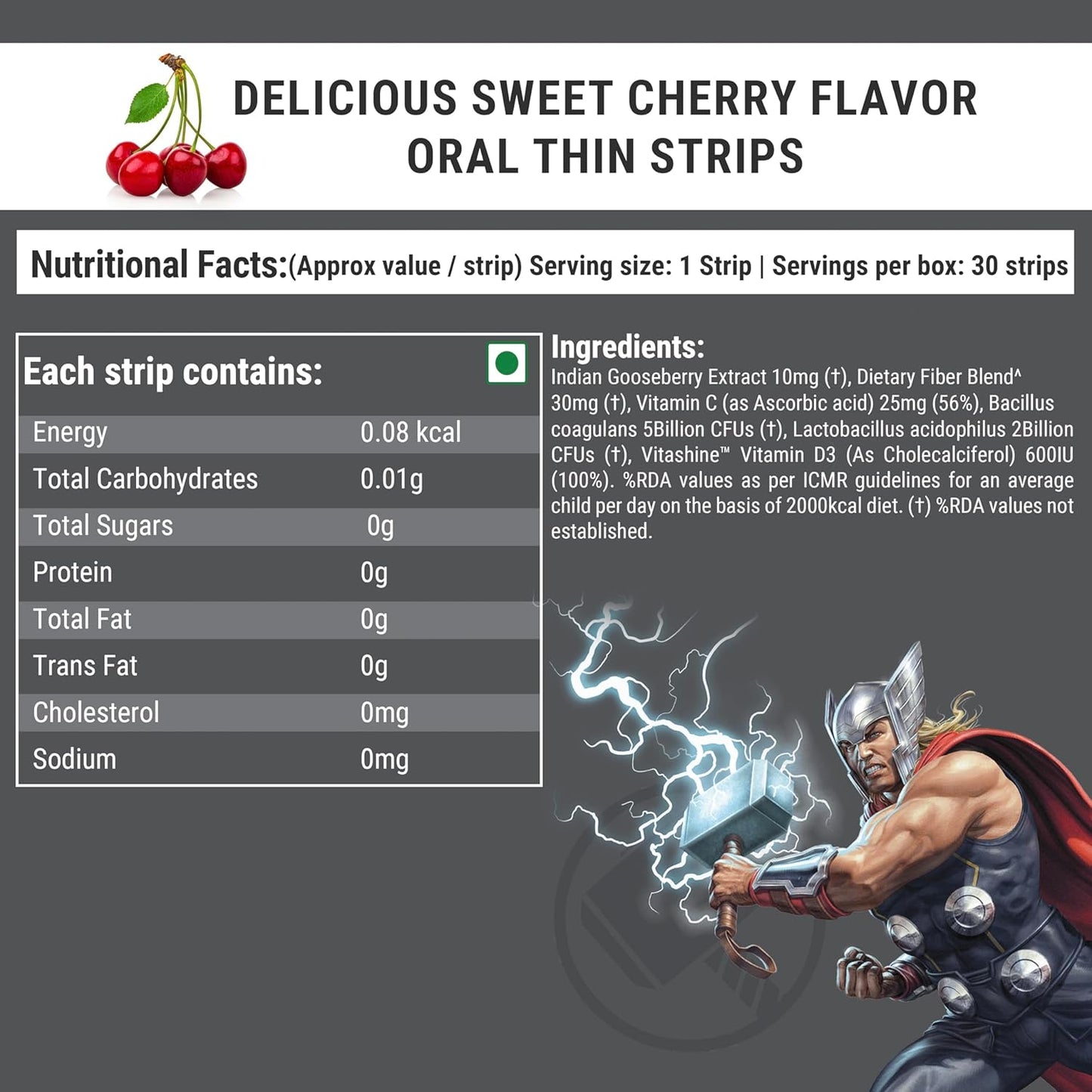 Wellbeing Nutrition Marvel Thor Melts | Active Probiotics & Prebiotics for Kids (6+) to Improve Digestion, Immunity & Gut Health | Kids Health Supplement | Sweet Cherry Flavor (30 Oral Strips)