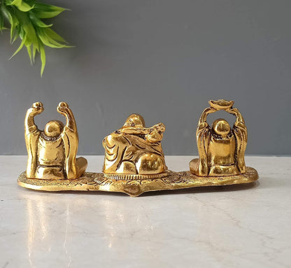 Metal Laughing Buddha Statue for Money, Wealth, Fengshui Vastu and Good Luck (Golden, 7.5 Inches Length x 2.8 Inches Height x 3 Inches Width), Idol
