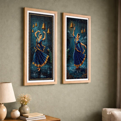 Classical Indian Dance Wall Art Set of 2 Frames Prints | Traditional Bharatanatyam Kathak Dance Framed Painting, Peacock & Temple Theme Artwork Frame| Premium Cultural Wall Decor for Living Room Bedroom Office Home (Art-5, 10x19inch, Wooden)