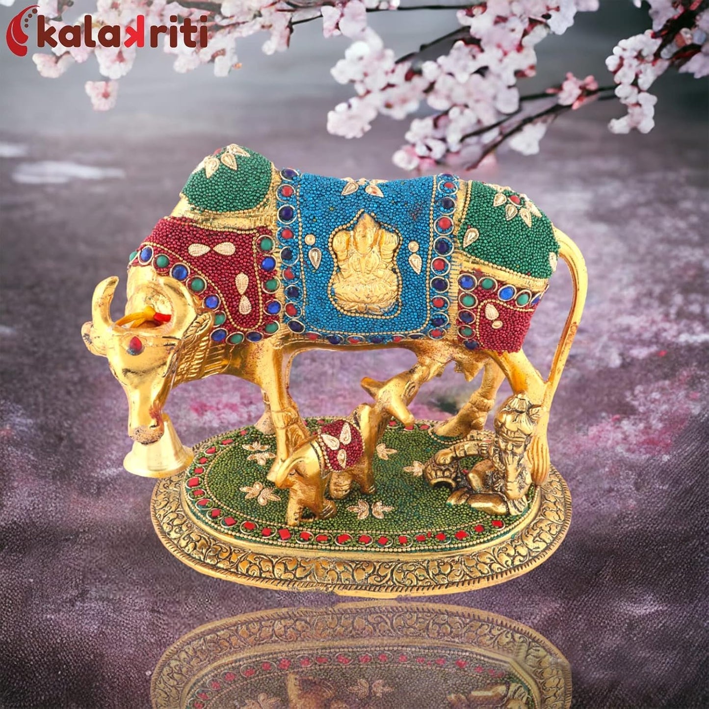 Kalakriti Gold Plated Kamdhenu Cow with Calf Statue |Gau MATA Idol for Pooja |Vastu Feng Shui Decorative Items for Home |Religious Idol Housewarming Gift | Showpiece with Krishna (21x17 cm,1 kg)