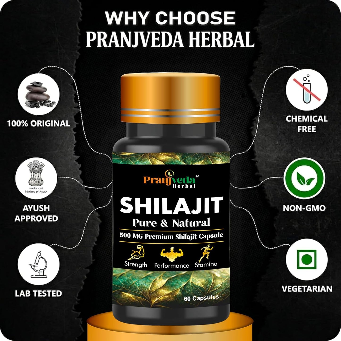 PRANJVEDA HERBAL Shilajit 60 Capsules Fulvic Acid Supplement, Natural Energy, Endurance Booster, Mineral-Rich Herbal Formula, Pack of 1
