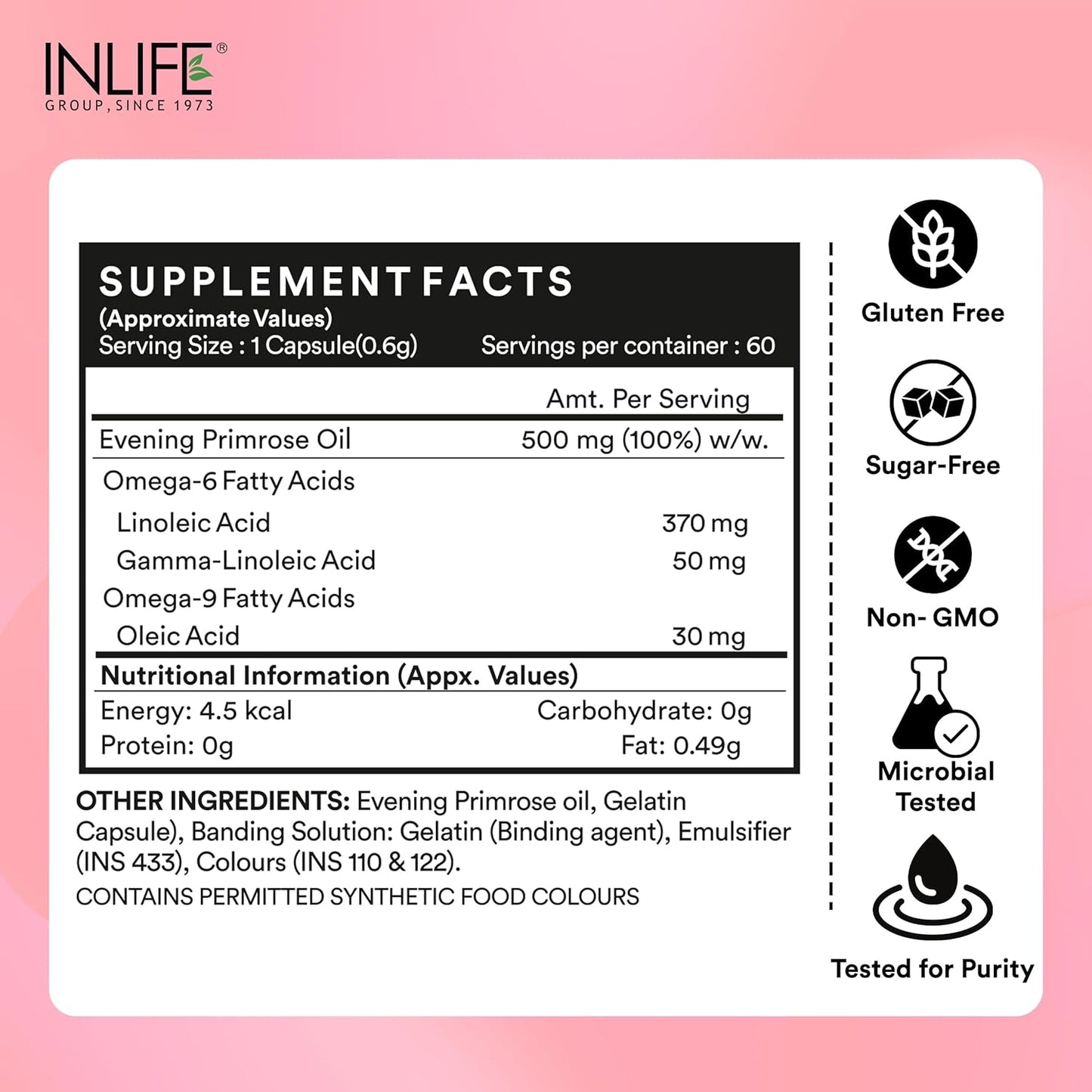 INLIFE Evening Primrose Oil Capsules 500mg | 10% Gamma Lionlenic Acid | Supplement for Hair and Skin - 60 Liquid Filled Capsules (Pack of 1)
