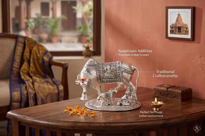 KridayKraft Kamdhenu Cow & Calf with Bal Gopal Krishna Metal Statue Vastu Idol for Good Luck, Wealth & Prosperity, Feng Shui Showpiece for Home, Office & Housewarming Gift (Silver)