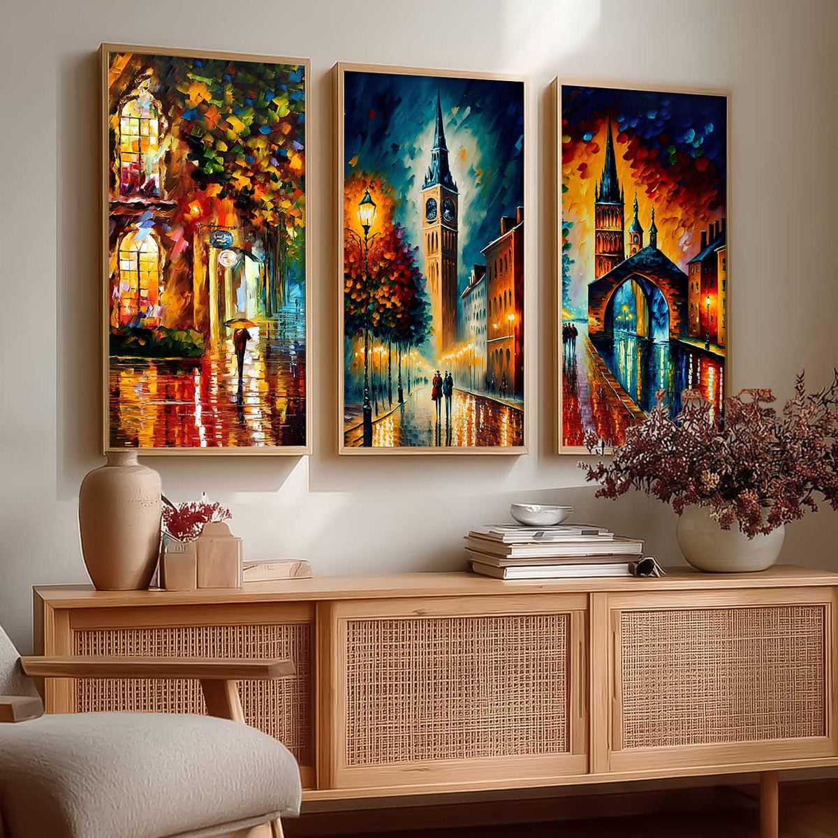 City View Decorative Modern Wall Art Print With Frame Abstract Paintings For Living Room Bed Room Hotel Wall Decor Digital Reprint Engineered Wood Set of 3 (Art 5, 10x19 inch)