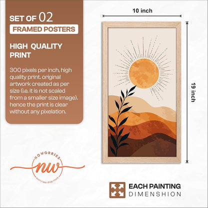 Minimalist Sun Moon Wall Art Set of 2 Framed Mountain Landscape Prints, Boho Neutral Scandinavian Decor, Wooden Frames, 10x19 Inch (Art-13)