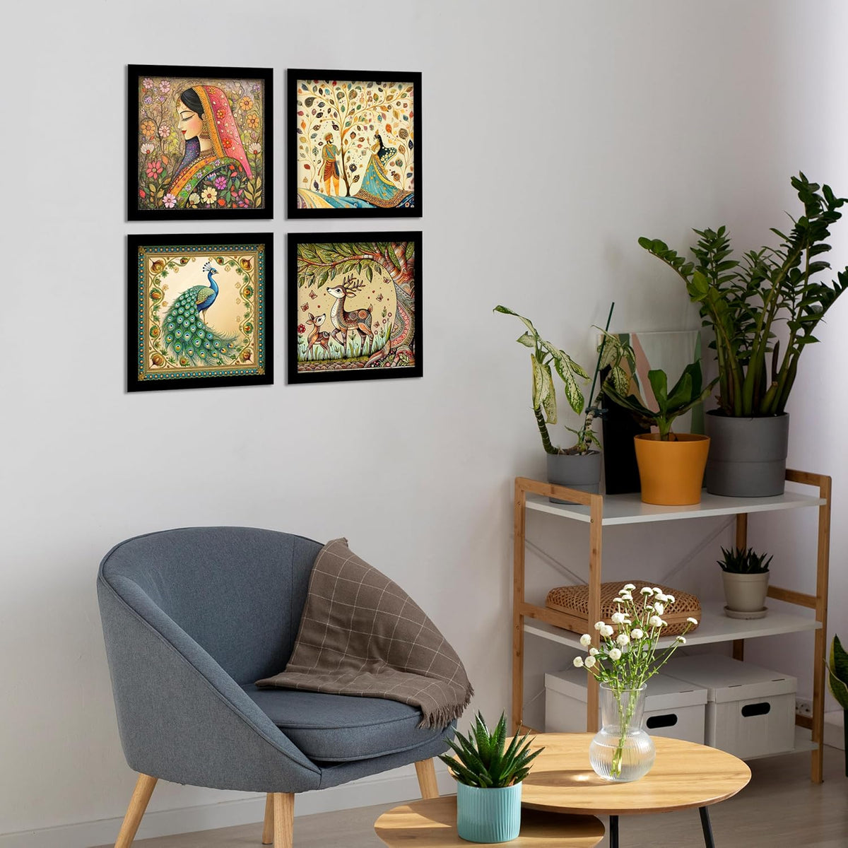 Rousrie Madhubani Art Framed Painting For Home, Living Room, Hall | Traditional Rajasthani Pichwai Art Paitnings With Frame For Home Decor (Set Of 4)