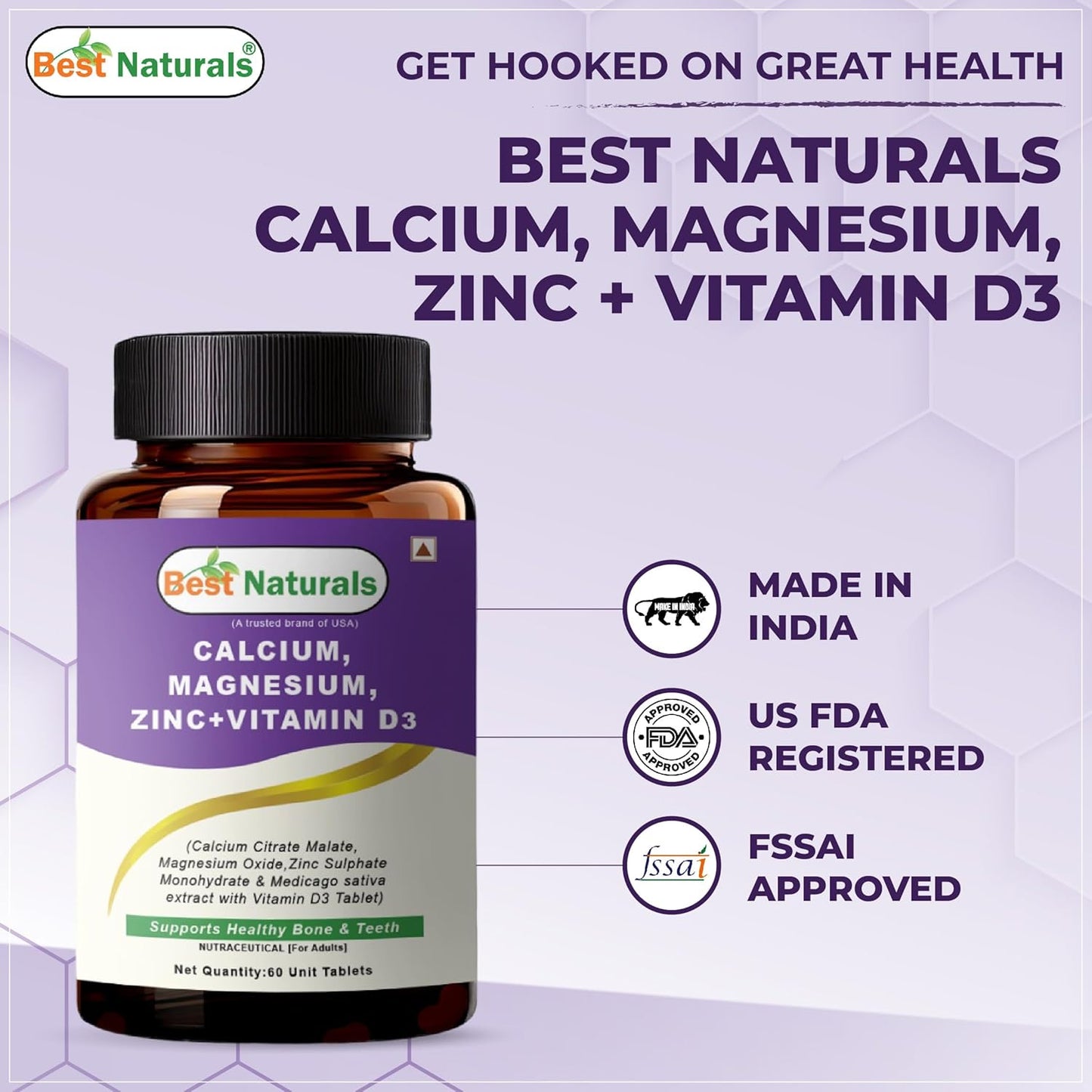 Best Naturals Calcium Magnesium Zinc with Vitamin D3 – 60 Tablets – 2-Month Supply Trusted Brand from USA