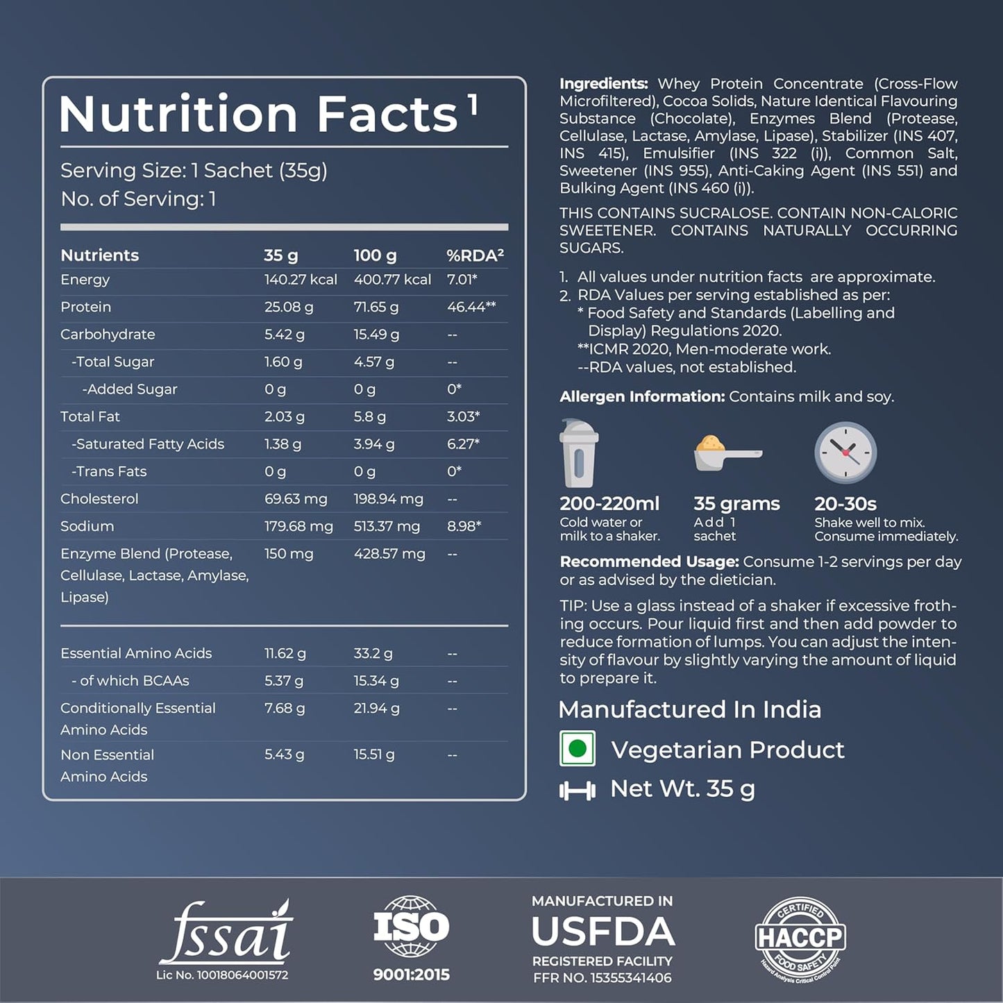 Nutrition facts label for a protein product with various certifications on a dark blue background.