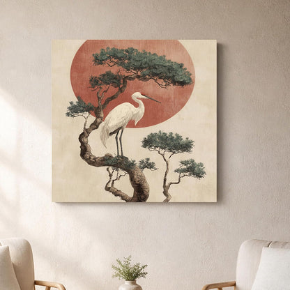 Japanese Crane Art Stretched Canvas Painting for Living Room | Zen Oriental Painting Wall Décor Art For Livingroom, Bedroom, Office, Hallways - 16x16 Inch
