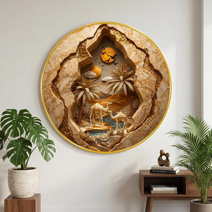 Desert Camel Landscape Wall Painting Round PVC Golden Frame 3D Cave Style Art Sunset Nature Design for Living Room Bedroom Office Home Wall Decor (20 x 20 Inch) GRL-403