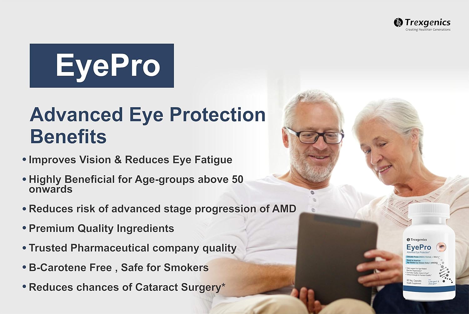 Advertisement for EyePro with an elderly couple using a tablet and a bottle of EyePro in the background.