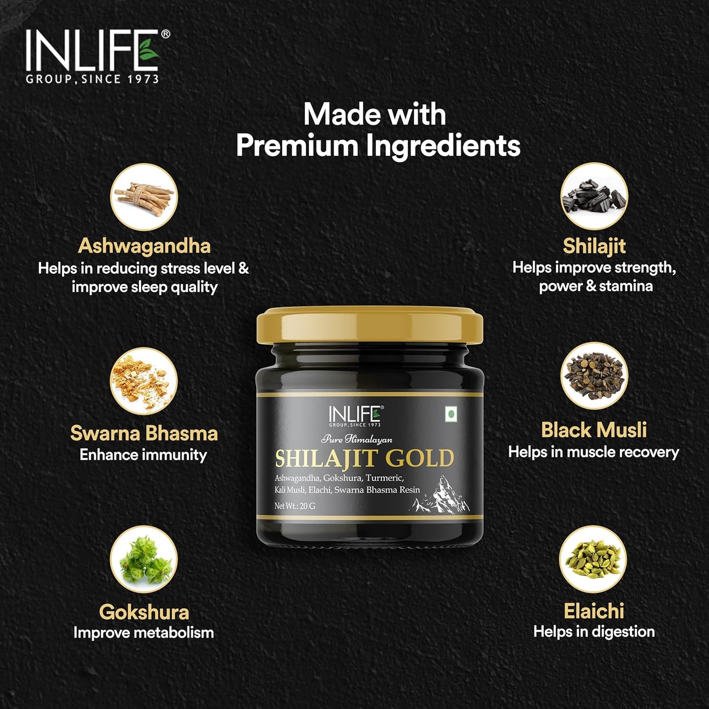 INLIFE Shilajit Gold 20g | Original Himalayan Shilajit Resin with Ashwagandha, Tribulus, Turmeric, Kali Musli for Strength, Endurance & Stamina | 75% Fulvic Acid | Lab Tested Ayurvedic Supplement