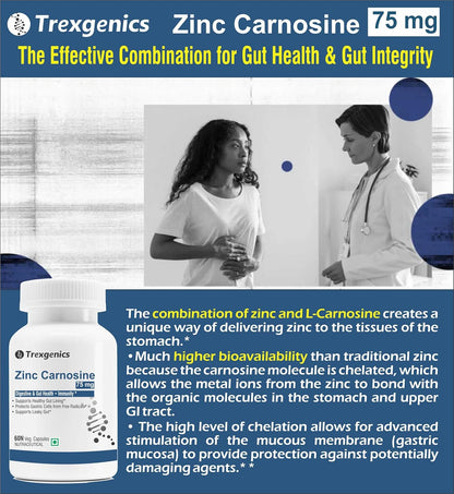 Trexgenics ZINC CARNOSINE Digestive & Gut Health, Ulcer Care, Immunity, Leaky Gut Support (60 Veg Capsules)
