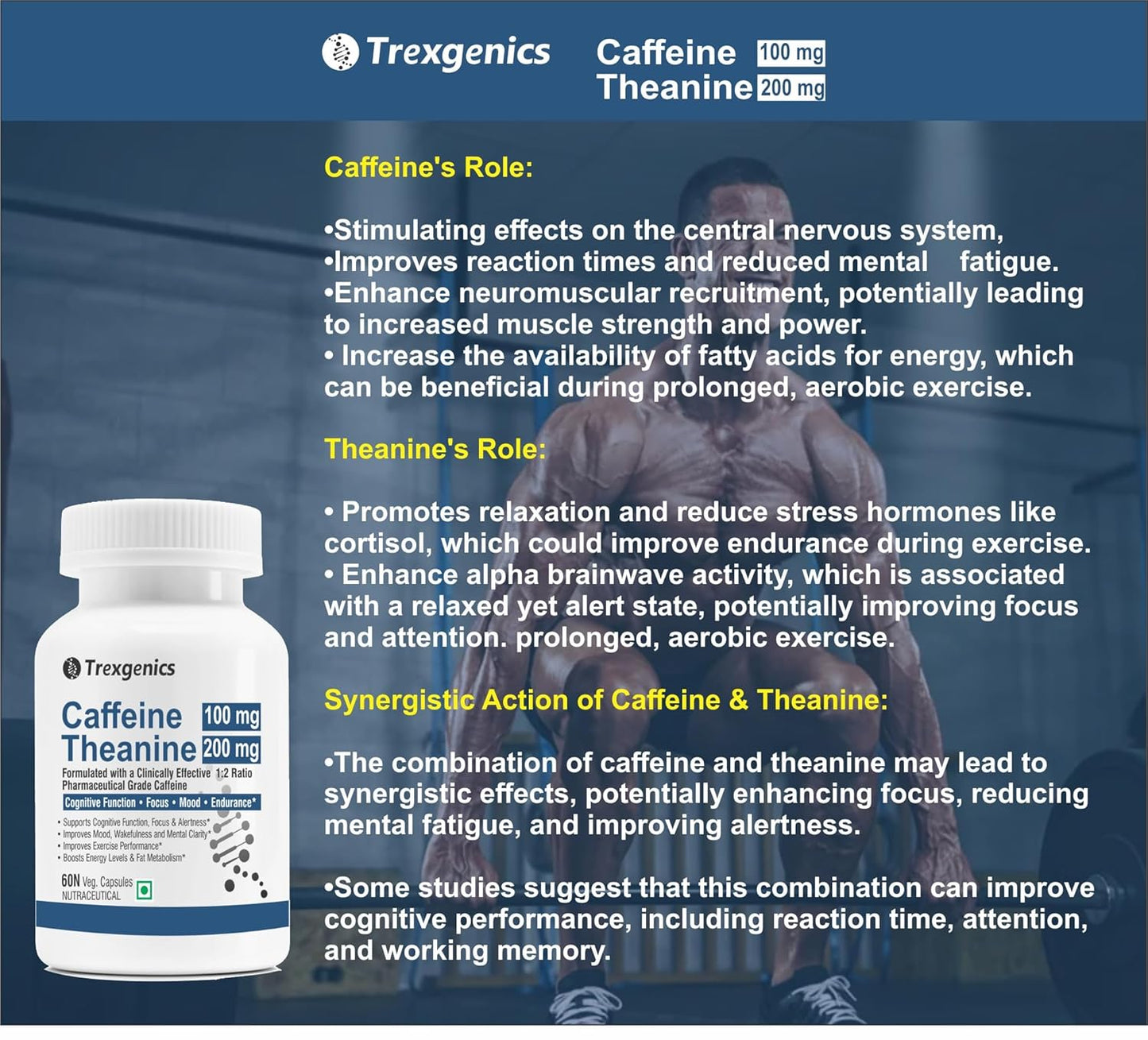 Trexgenics L-THEANINE 200 mg, CAFFEINE 100 mg Cognitive Function, Refresh, Focus, Mood, Endurance Support (Theanine 200mg + Caffeine 100mg (60 Veg Caps))
