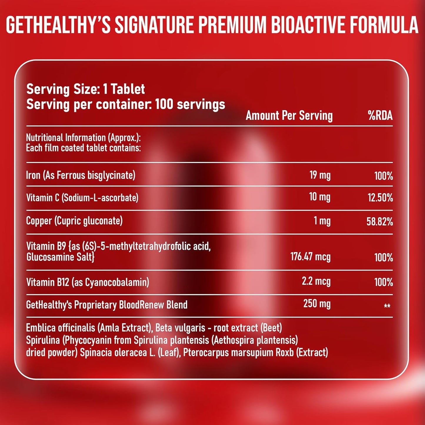 Nutritional label for GetHealthy's Signature Premium Bioactive Formula on a red background