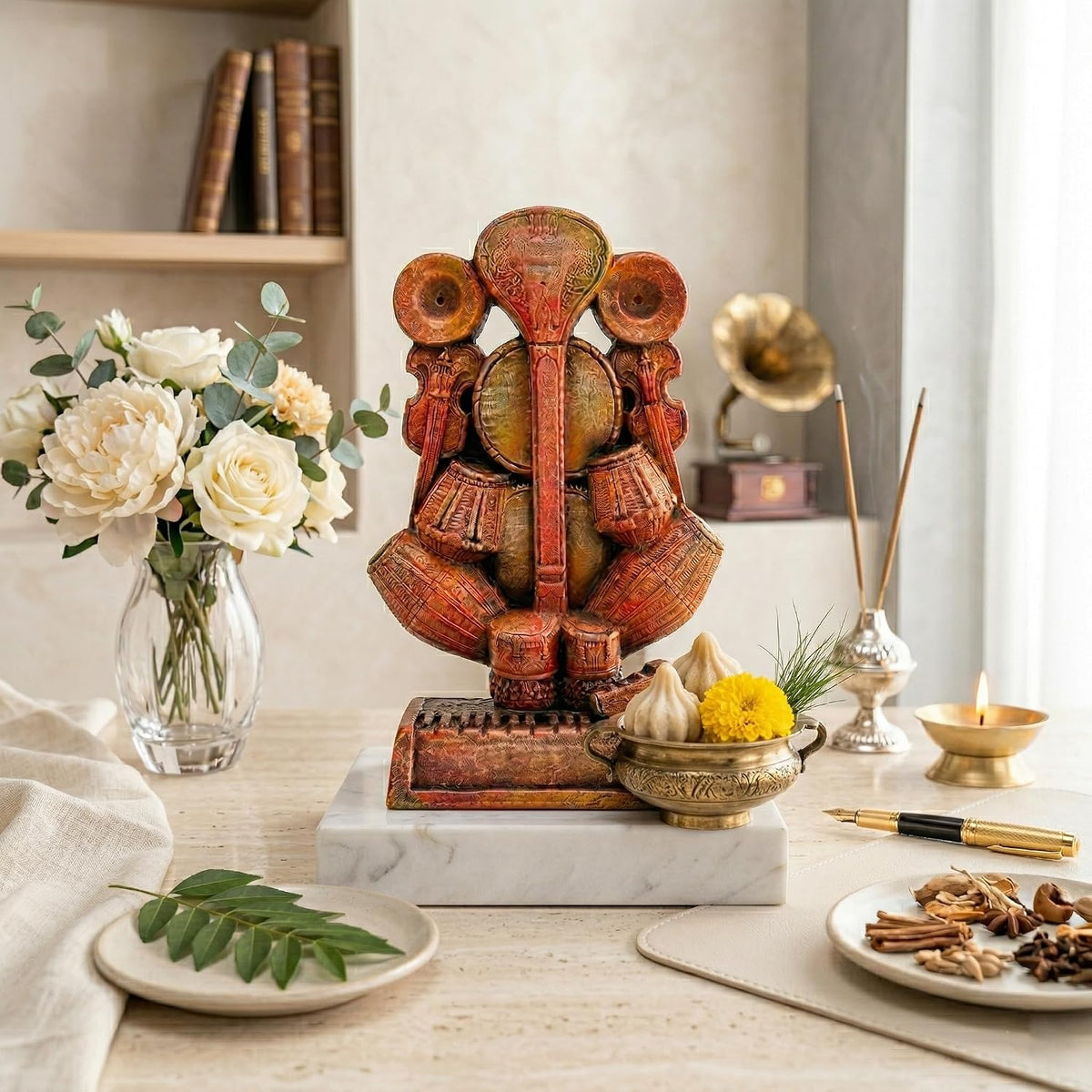 Ganesha Idol for Home Decor | Handmade Terracotta Ganpati Statue with Musical Instruments | Ganesh Murti for Office, Living Room & Gift | Krishnanagar Clay Art