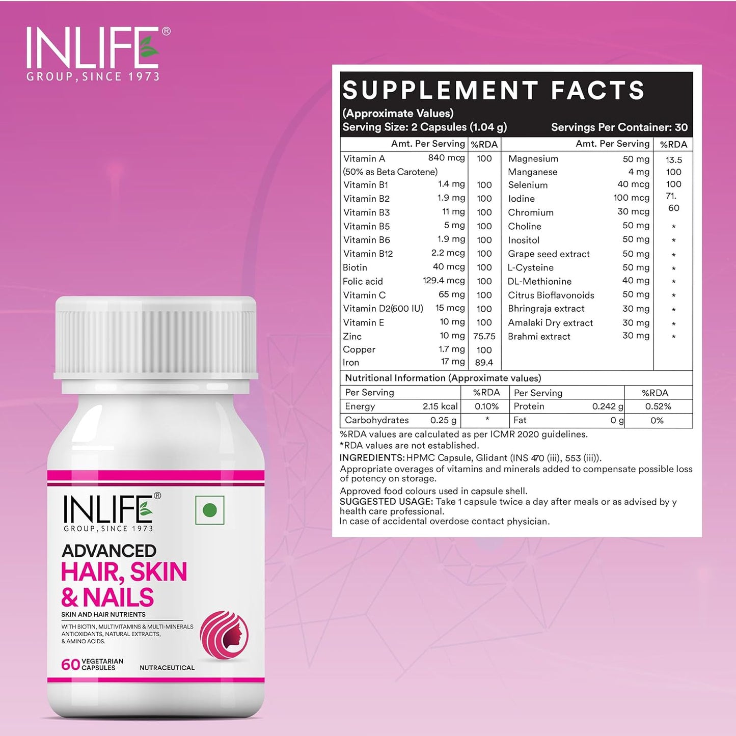 INLIFE Advanced Hair Skin & Nails Supplement with Biotin, Multivitamin Minerals, Amino Acids for Hair Care - 60 Vegetarian Capsules