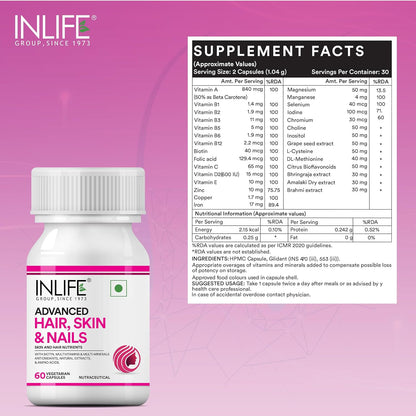 INLIFE Advanced Hair Skin & Nails Supplement with Biotin, Multivitamin Minerals, Amino Acids for Hair Care - 60 Vegetarian Capsules