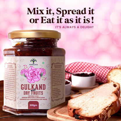 Vanalaya Natural Gulkand Rose Petal Jam - Sun-Cooked Traditional Damask Rose Petals with Cardamom - 600gm