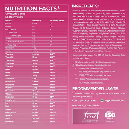 Nutrabay Pro Active Multivitamin for Women – Effective Doses of Iron, Vitamin A, B5, B6, C, D, E & K and Minerals – Immunity, Hair, Skin & Bone Support – 60 Tablets | 100% RDA Dosage | Purity Tested