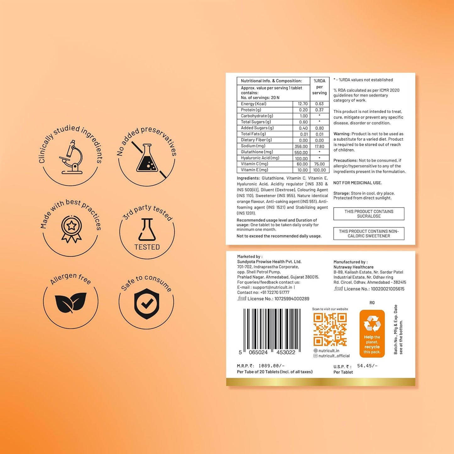 Nutricult L-Glutathione 550mg - 20 Effervescent Tablets Glutathione Effervescent Tablets for Glowing Skin with Hyaluronic Acid Vitamin C & Vitamin E | Skin Glow Supplement For Clear Skin | Orange