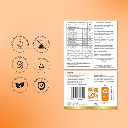 Nutricult L-Glutathione 550mg - 20 Effervescent Tablets Glutathione Effervescent Tablets for Glowing Skin with Hyaluronic Acid Vitamin C & Vitamin E | Skin Glow Supplement For Clear Skin | Orange