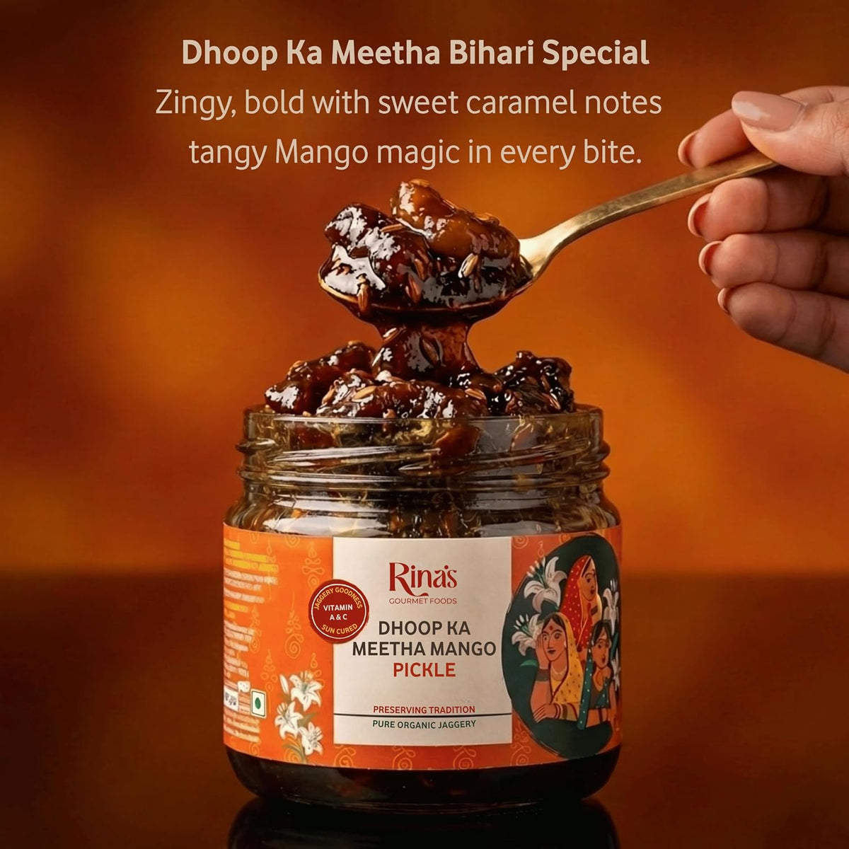 Mango Pickle Mango Achar Sweet Aam Ka Meetha Achar Rina's Dhoop Ka Meetha Sun Cured Mango Pickle with Organic Jaggery and Panchphoran Masala, No Artificial Preservatives