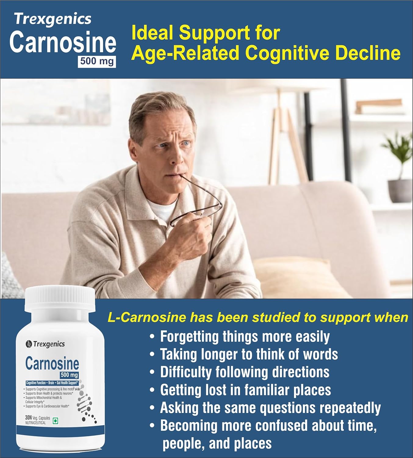 Trexgenics L-CARNOSINE 500 mg ADHD, ADD Care, Cognitive Function, Brain & Gut Health Support (30 Veg Capsules) (Pack of 1)