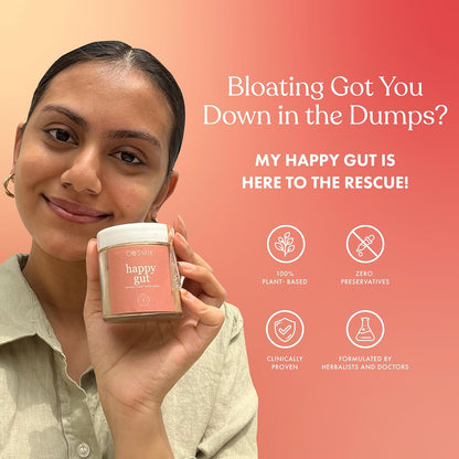 Person holding a 'happy gut' product with promotional text on a peach background