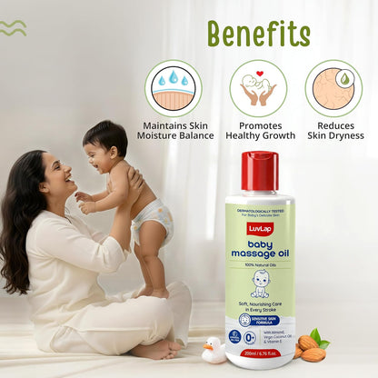 LuvLap Baby Massage Oil with Almond, Virgin Coconut Oil & Vitamin E, Deep Nourishing, Skin Repair & Relaxation, Ayurvedic Non-Sticky Oil for Soft New Born Skin, 100% Natural, Derma Safe, 200ml