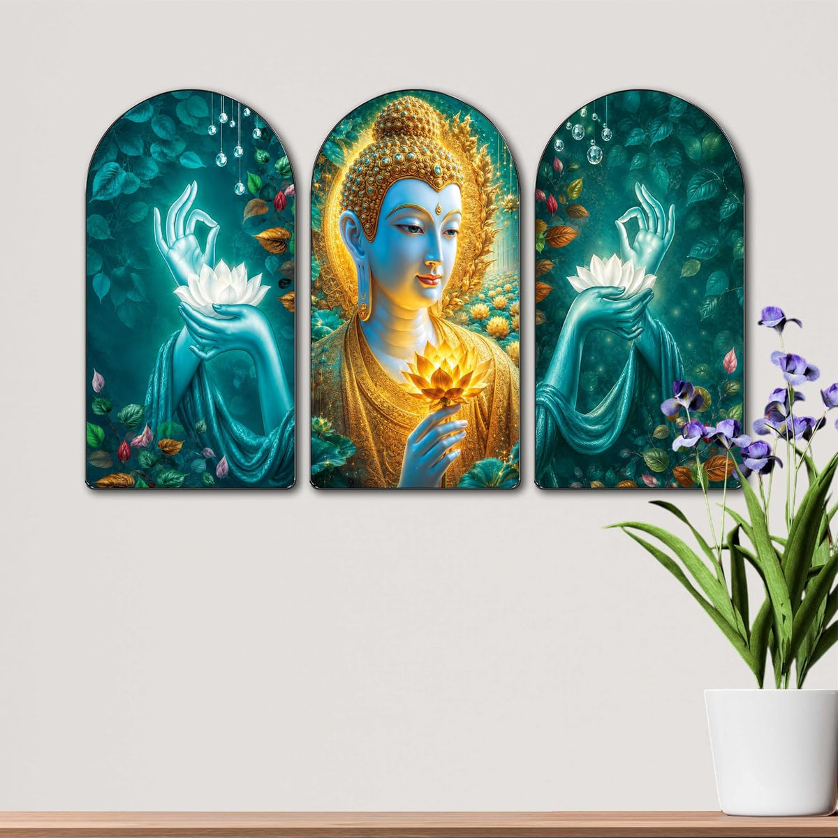 Set of 3 Arched Blue Buddha & Golden Lotus Wall Paintings