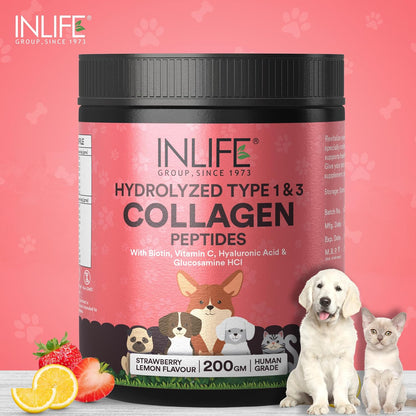 INLIFE Collagen Peptides Supplement Dogs Cats, Glucosamine 200g Strawberry | Joint Lubrication, Synovial Fluid, Immune Health, Antioxidant Activity, Human Grade, Palatable