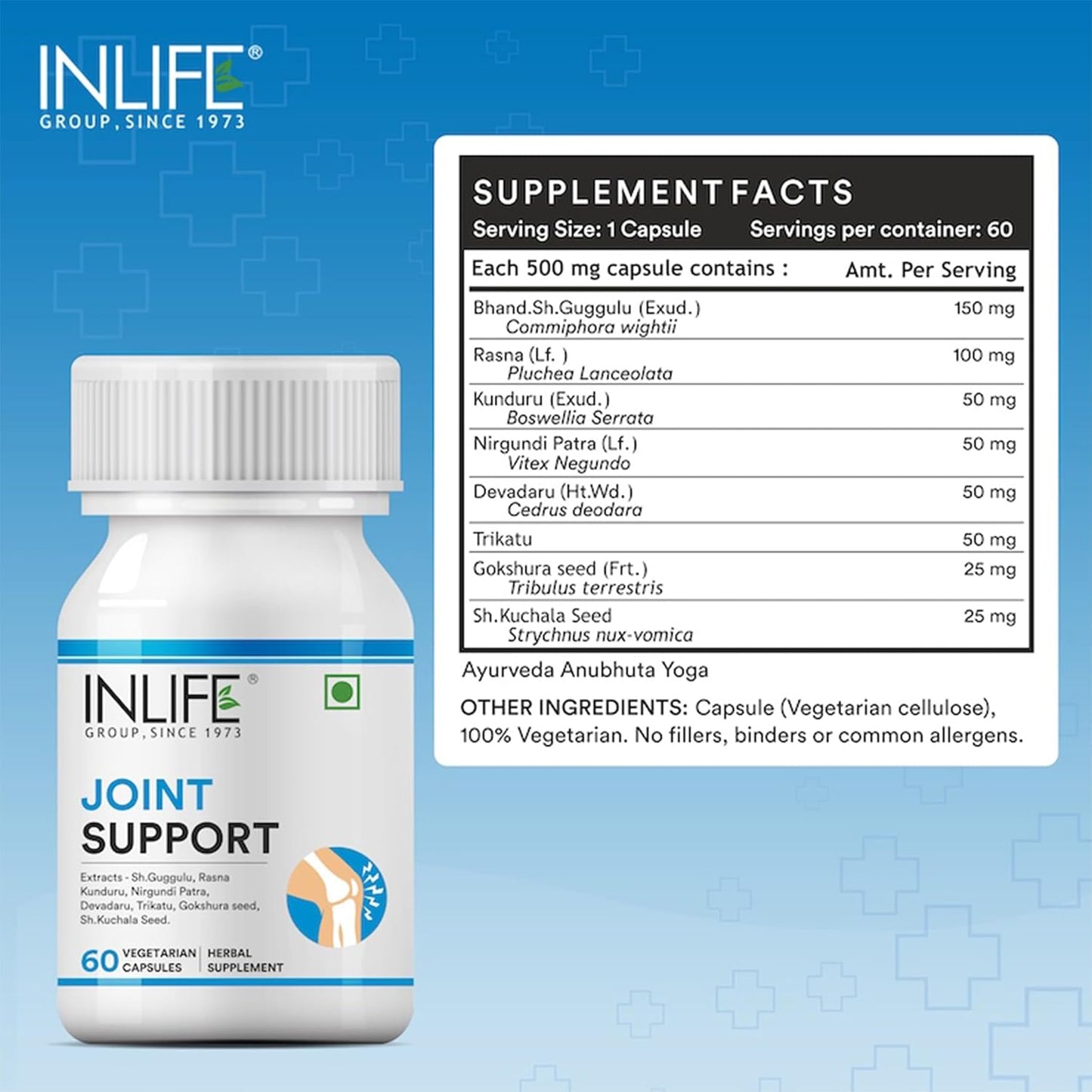 INLIFE Joint Support Supplement with Ayurvedic Herbs | Boswellia Serrata, Guggul, Tribulus, Rasna and more - 60 Vegetarian Capsules (Pack of 1)