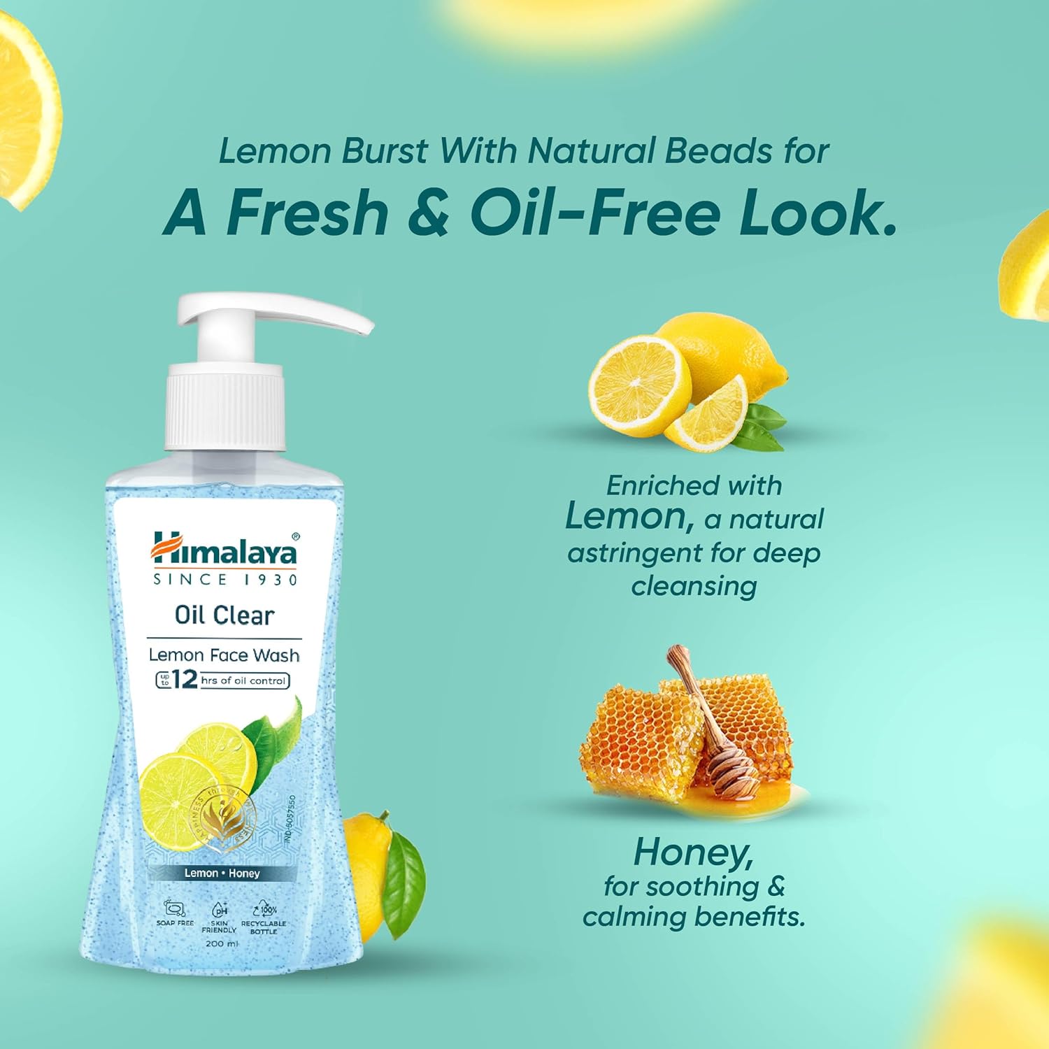 Himalaya Oil Clear Lemon Face Wash bottle with lemon and honey elements on a teal background