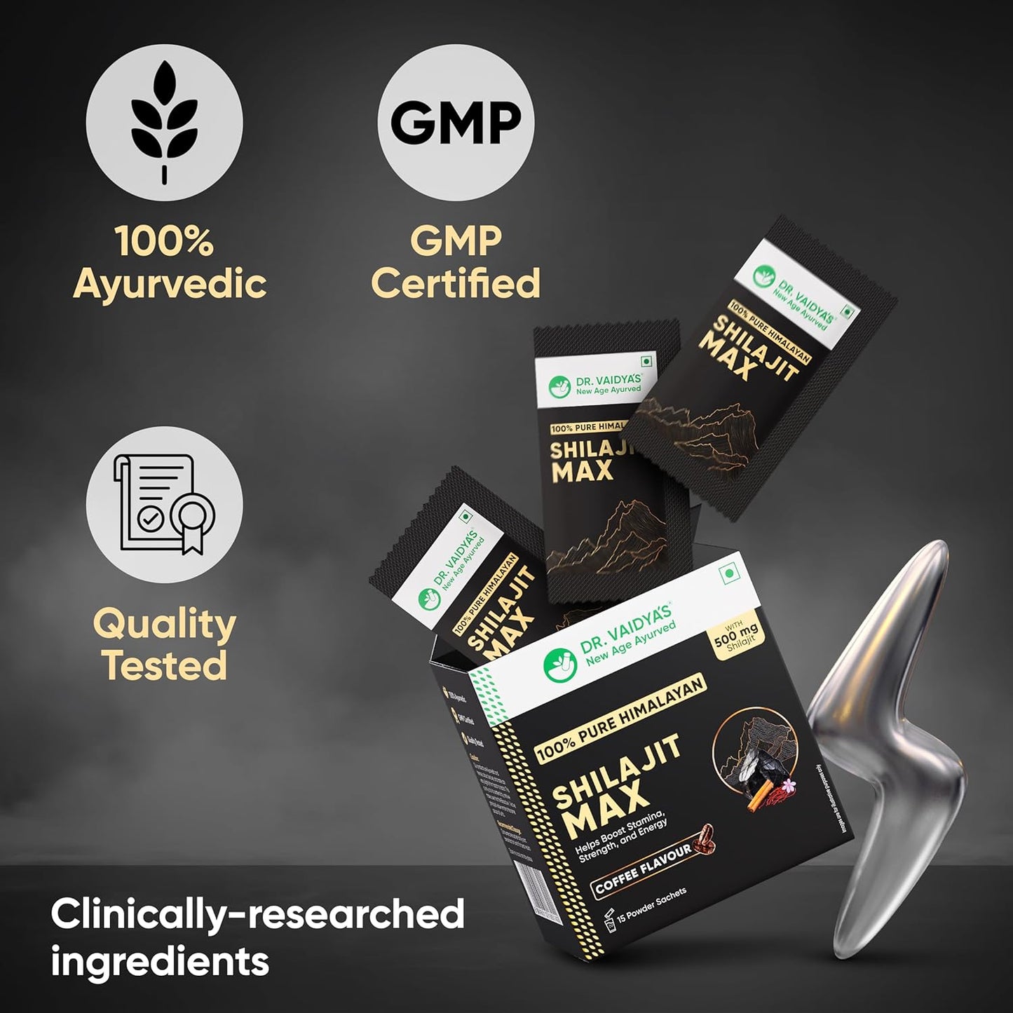 Dr. Vaidya's Shilajit Max|For Stamina On the Go|Boosts Strength & Energy levels|500 mg of 100% Pure Himalayan Shilajit In Coffee Flavour,Pippali,Dalchini,Ela & Saffron |15 Powder Sachets (Pack 1)