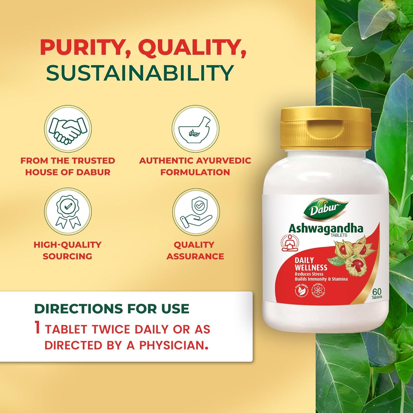 Dabur Ashwagandha supplement bottle with product details on a green leafy background