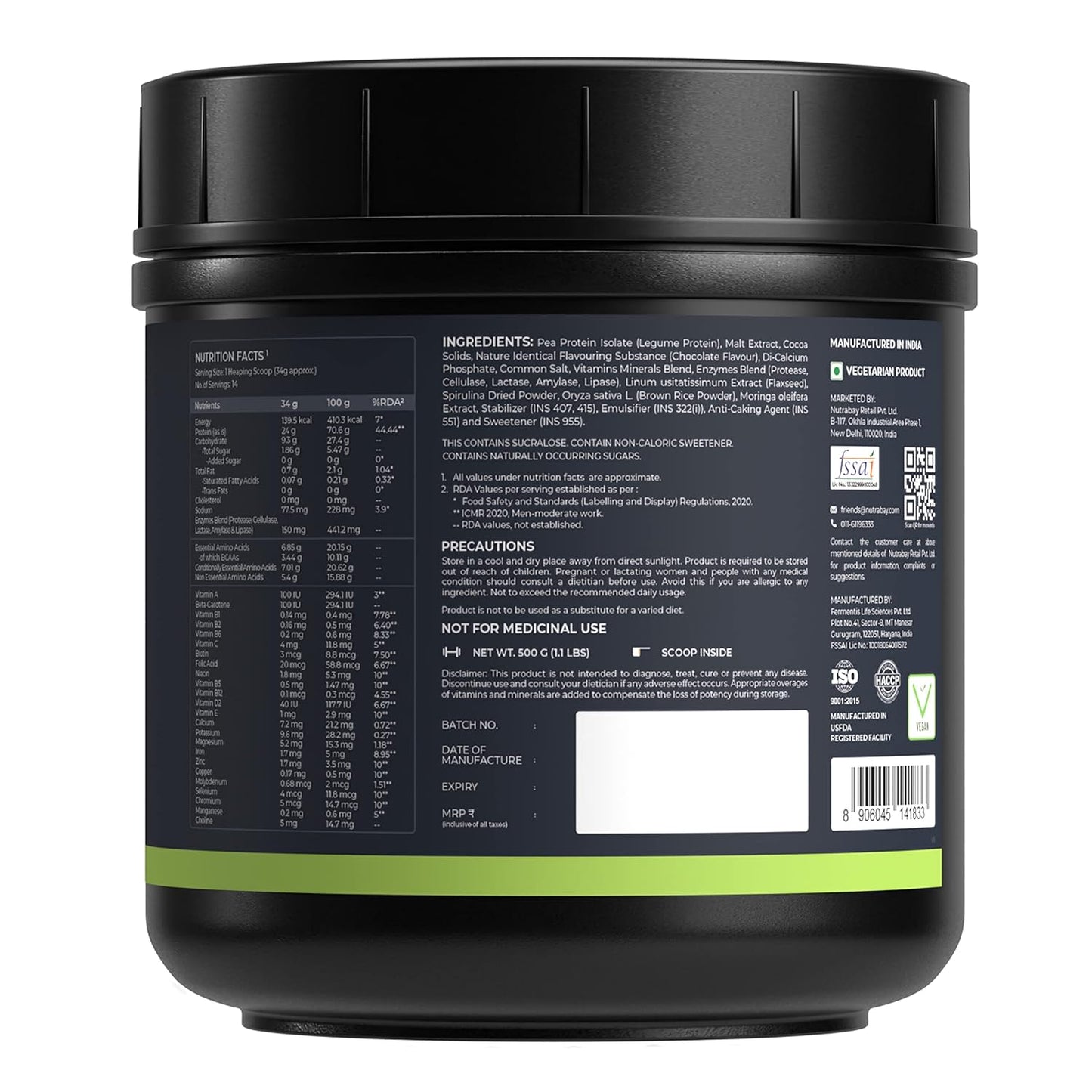 Black container with a detailed label on a white background