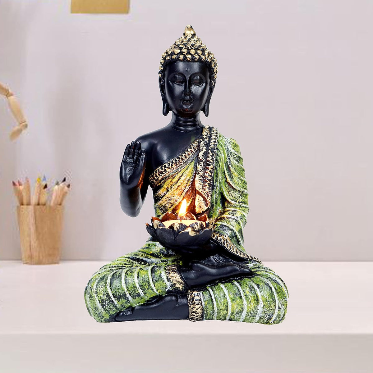 Sitting Buddha Idol Statue for Home Decorations Items Showpiece, Best Indian Gifts for Foreigners, Corporate Gift Items (Green Tea Light Buddha)