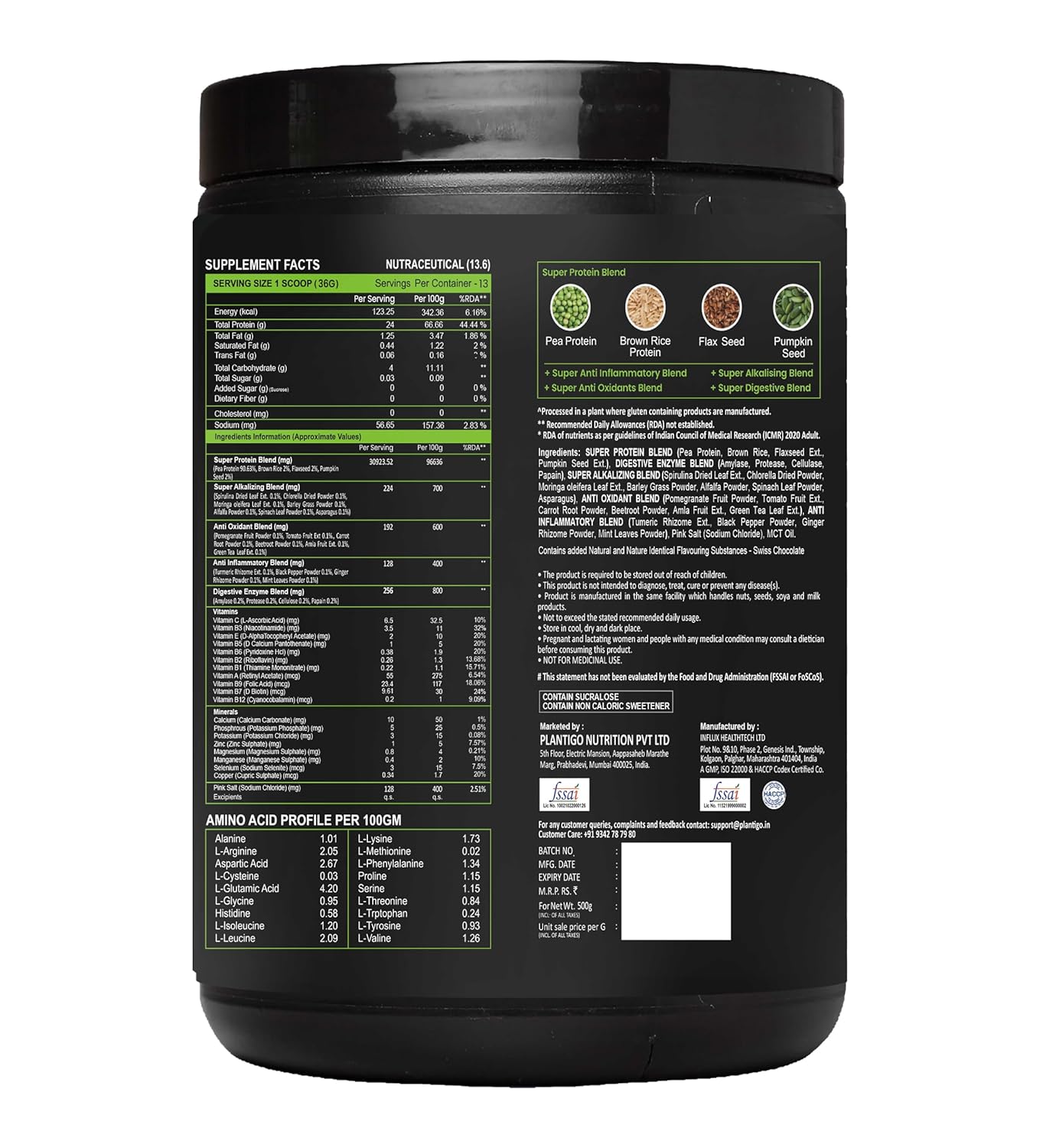 Black supplement container with detailed label on a white background