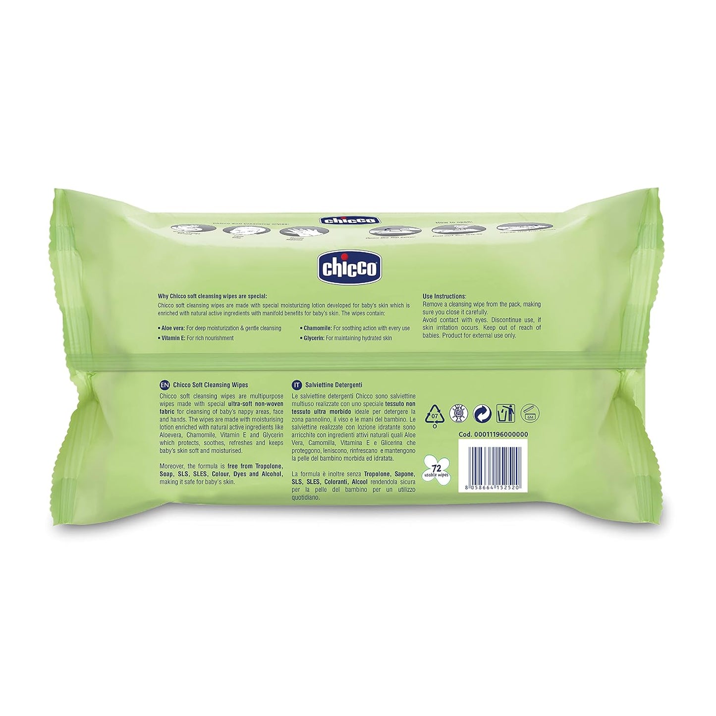 Chicco Baby Soft Cleansing Wipes, Ideal for Nappy, Face and Hand, Dermatologically Tested, Alcohol & Paraben Free, Fliptop Pack (72 Sheets)