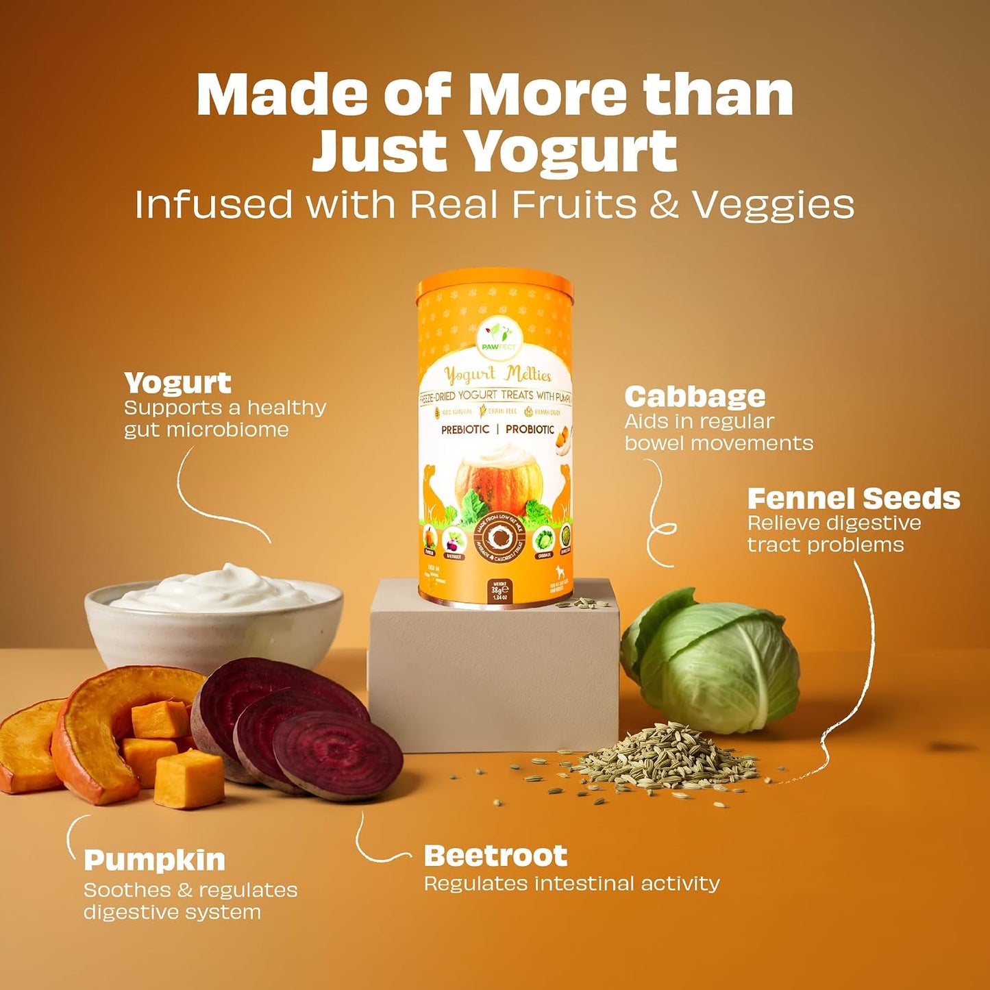 Pawfect Yogurt Melties Freeze-Dried Pre and Probiotic Dog Treats with Pumpkin, Beetroot, Cabbage & Fennel Seeds - Gut Health - Low Calories Snacks - Grain-Free - Dog Training Treats (38g/1.34oz)