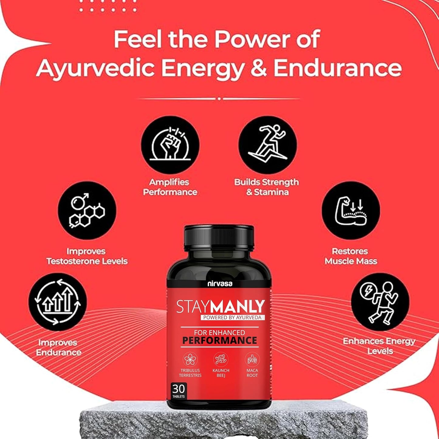 Nirvasa StayManly Tablets (30 Tabs) | Ayurvedic Strength, Stamina & Performance Booster | Boosts Energy, Endurance & Vitality | Tribulus Terrestris, Ashwagandha, Safed Musli & Shilajit