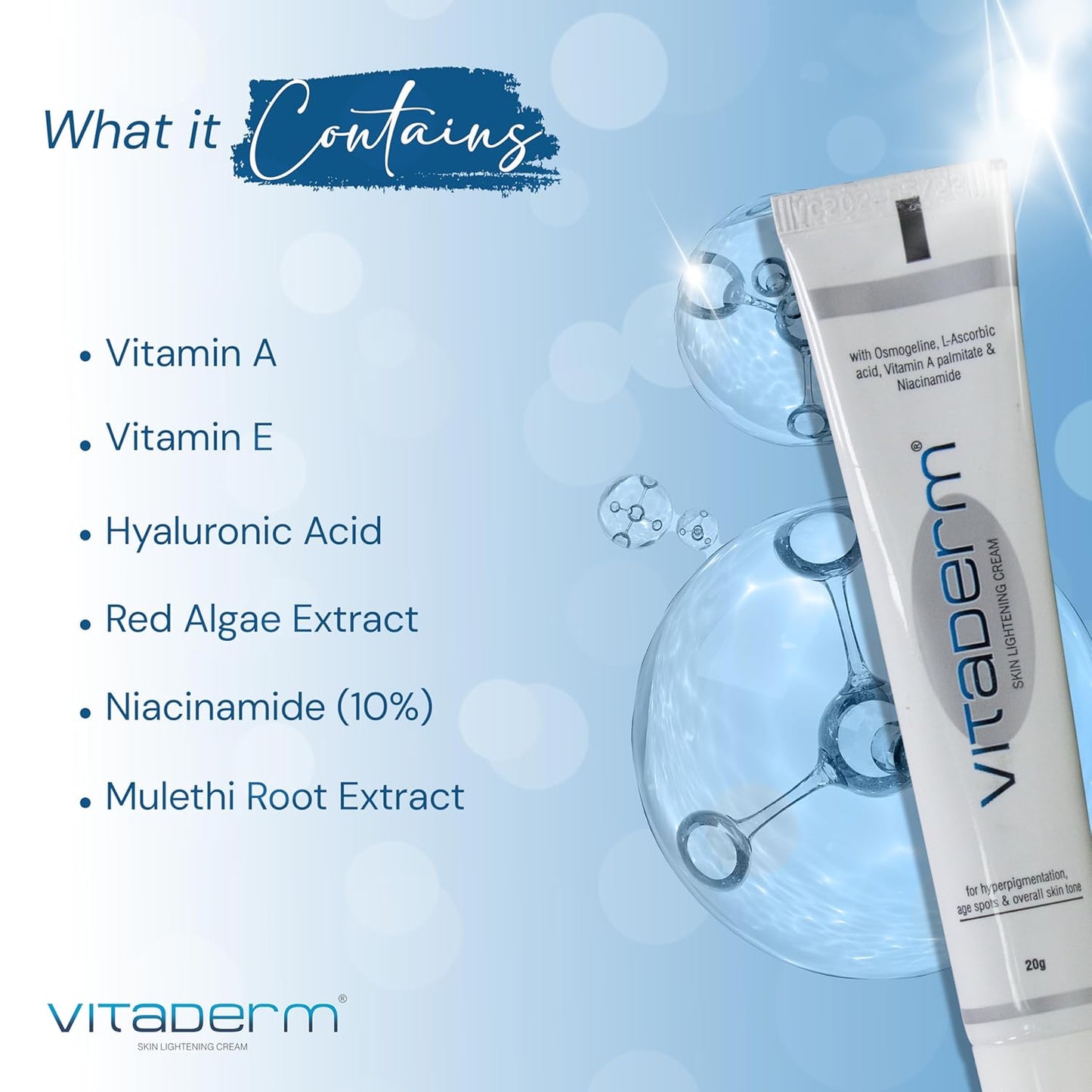 Vitaderm Niacinamide 10% Skin Lightening Moisturizer Cream 20gm | Kojic Acid Free Moisturizer | Hyaluronic Acid + Vitamin C | Dark Spots Uneven Skin Tone | Hydrates & Brightens Glutathione Free Cream