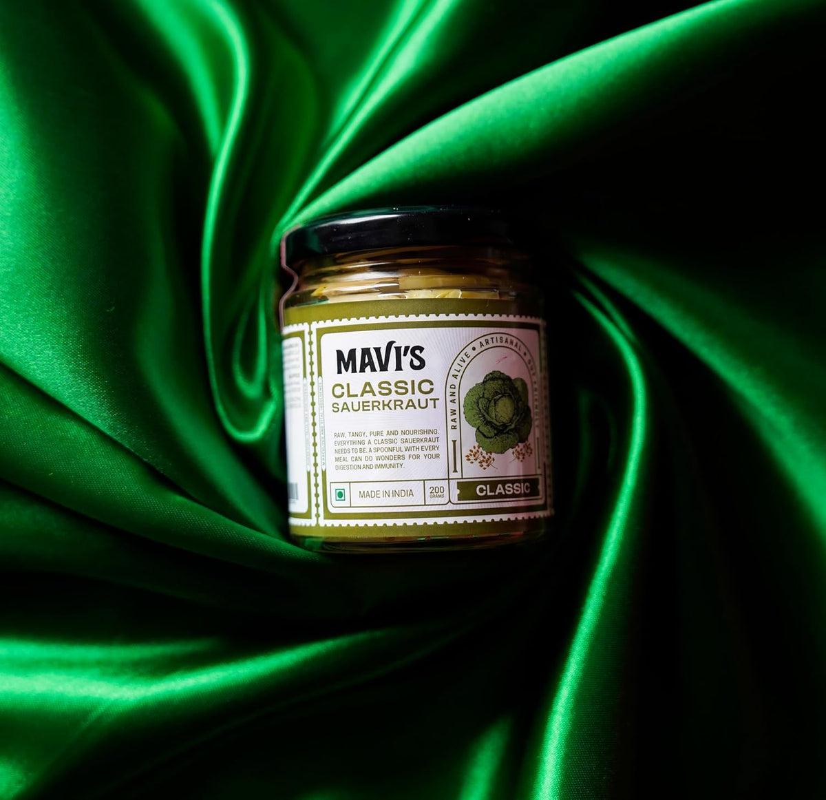 MAVI's Classic Sauerkraut | Organic Cabbage & Ajwain seeds | Fermented Cabbage | Gut Friendly | 200g | Pack of 1 |