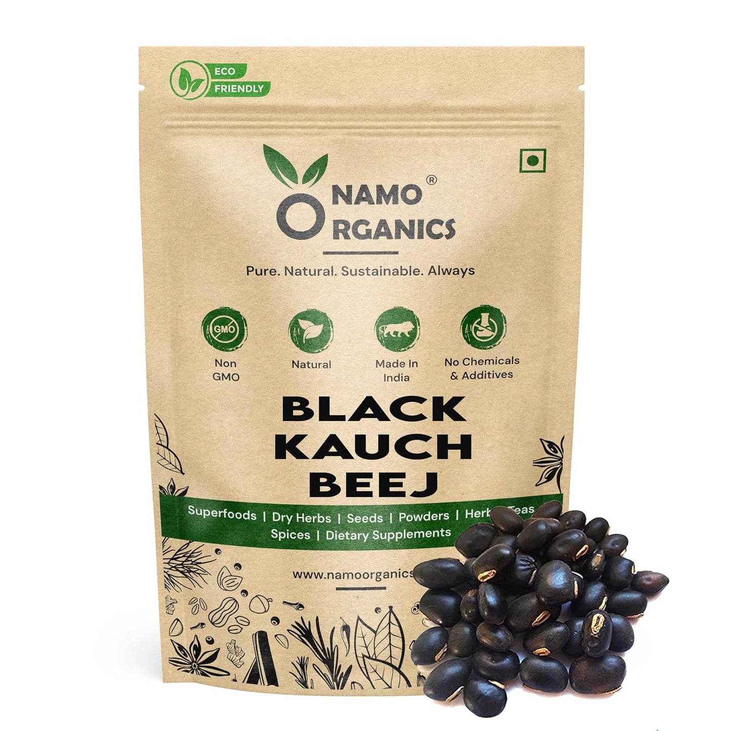 Namo Organics Black Kauch Beej package with black seeds on a white background
