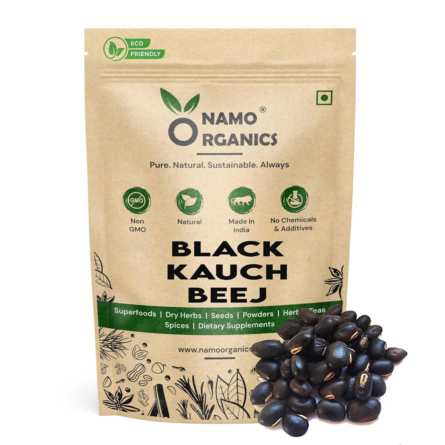 Namo Organics Black Kauch Beej package with black seeds on a white background