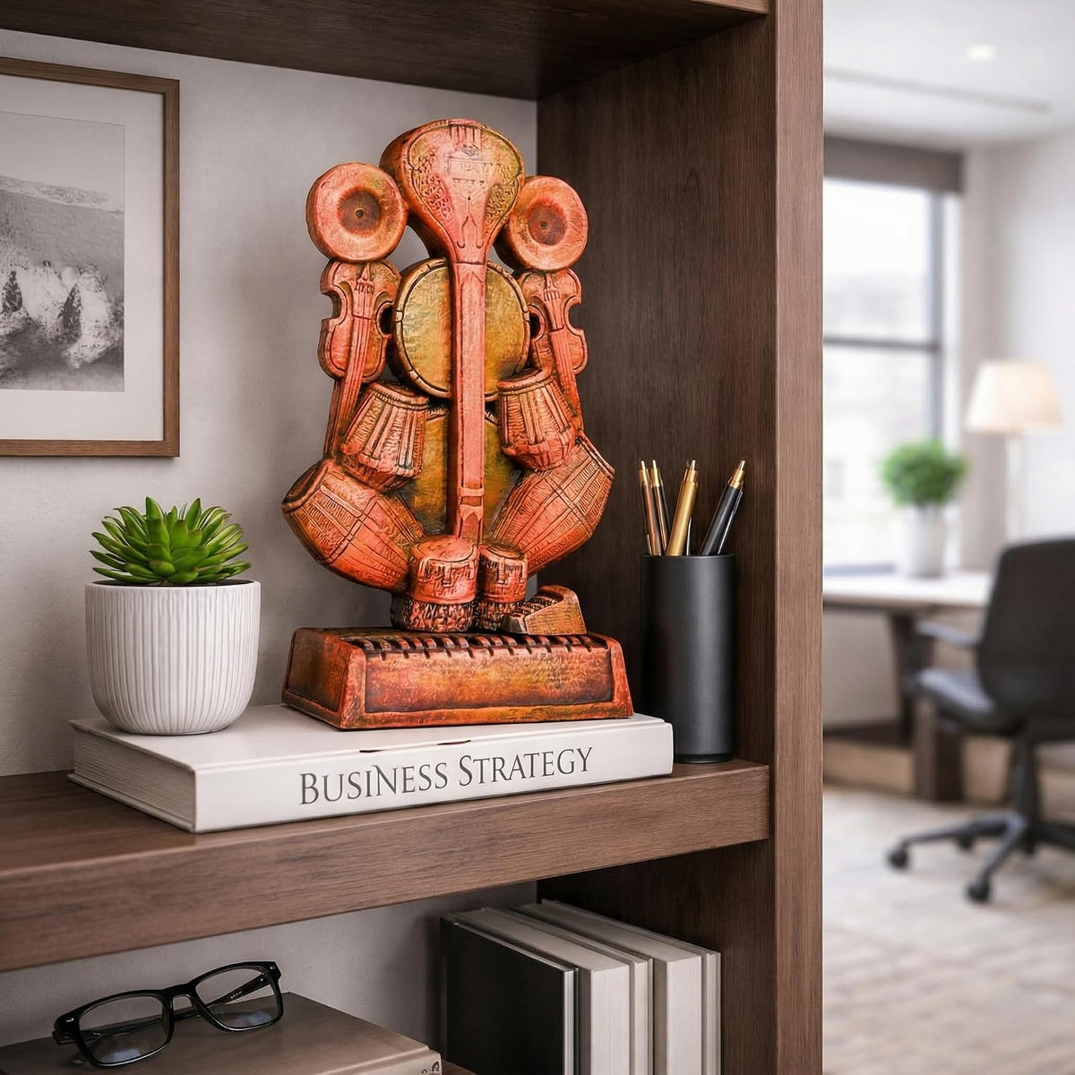 Ganesha Idol for Home Decor | Handmade Terracotta Ganpati Statue with Musical Instruments | Ganesh Murti for Office, Living Room & Gift | Krishnanagar Clay Art